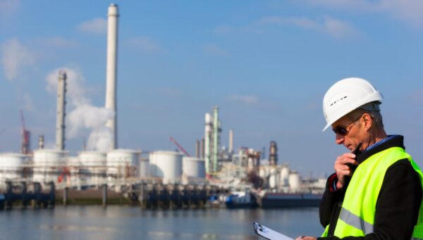 Environmental professional assessing an industrial site to guide spill remediation application and dosing decisions.